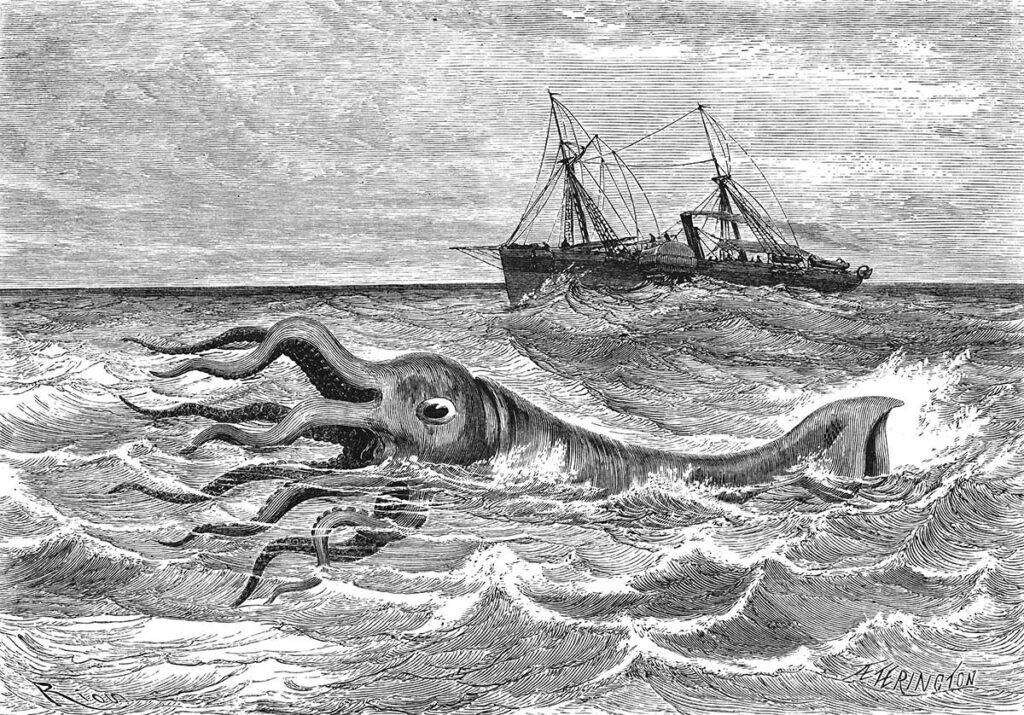 Illustration of the Kraken next to a ship